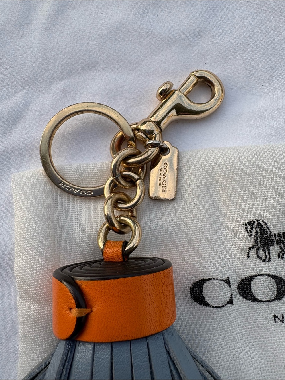 Coach Leather Tassel Keychain FOB Bag Charm Light Blue with Orange Cap No F58505 - Picture 2 of 4
